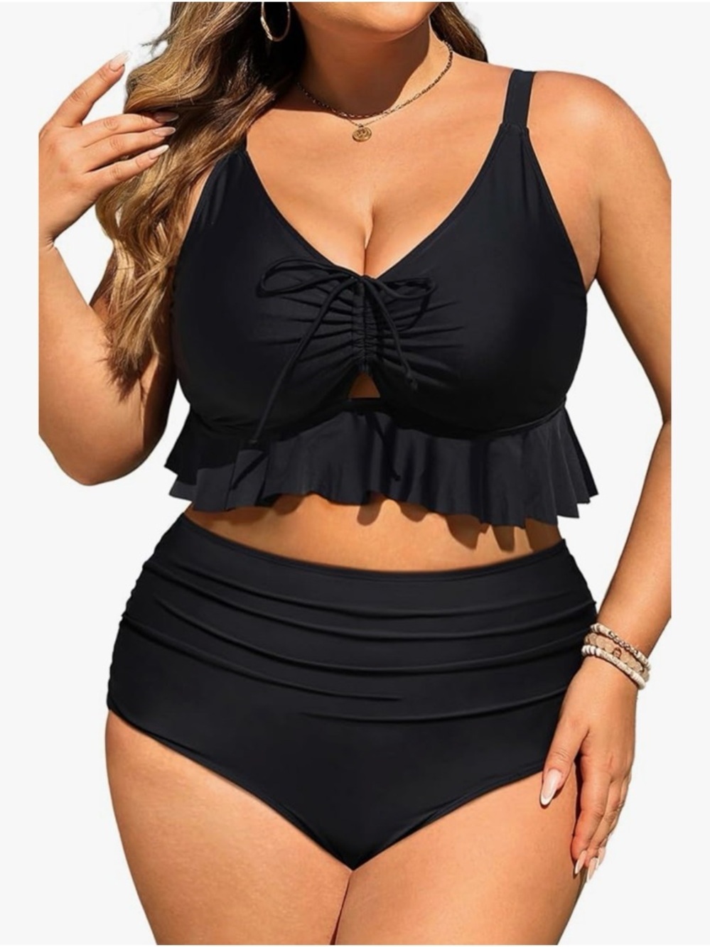 Plus Size Black Ruffled Tie-Front Tankini Swim Set